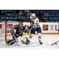 Vancouver Giants goaltender Trent Miner stops the Kamloops Blazers