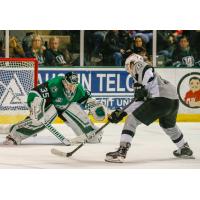 Ryan Olsen of the San Antonio Rampage beats Texas Stars goaltender Landon Bow for a shorthanded goal