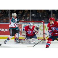 Kelowna Rockets right wing Leif Mattson sets up in front of the Spokane Chiefs goal