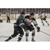 Utah Grizzlies forward Mike Economos (left) vs. the Rapid City Rush