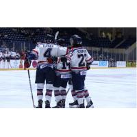 Evansville Thunderbolts trike a pose after a goal