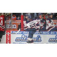 Reagan O'Grady and the Saginaw Spirit celebrate a goal