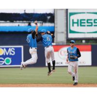 Oswaldo Cabrera, Matt Pita and Max Burt of the Tampa Tarpons