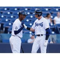 Miguel Andujar congratulates Troy Tulowitzki as both rehab with the Tampa Tarpons