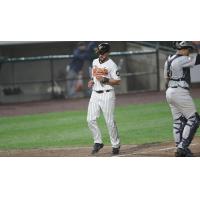 Rey Fuentes crosses home plate for the Long Island Ducks