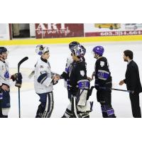 Tri-City Storm and Sioux Falls Stampede exchange handshakes following their playoff series