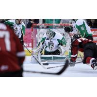 Prince Albert Raiders goaltender Ian Scott stops a shot against the Vancouver Giants