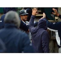 Alfredo Rodriguez of the Somerset Patriots receives high fives following his homer