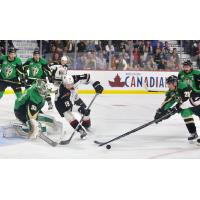 Vancouver Giants centre Dawson Holt in front of the Prince Albert Raiders goal