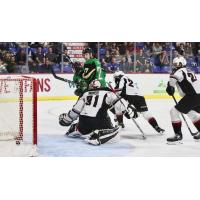 Vancouver Giants goaltender Trent Miner sees a shot slip past for a Prince Albert Raiders goal