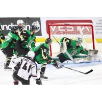 Prince Albert Raiders goaltender Ian Scott stop a shot against the Vancouver Giants