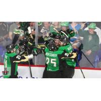 Prince Albert Raiders celebrate against the Vancouver Giants