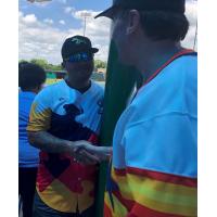 Sugar Land Skeeters catcher Albert Cordero and U.S. Rep. Pete Olson