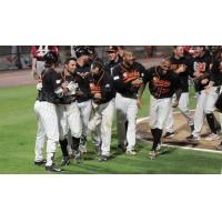 Long Island Ducks mob L.J. Mazzilli after he scored the game-winning run