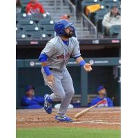 Luis Guillorme of the Syracuse Mets watches his home run ball fly out of the ballpark on Wednesday night in Buffalo