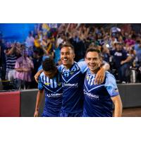 Jerome Kiesewetter of El Paso Locomotive FC (center) walks off the field with his teammates