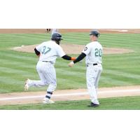 Hector Sanchez of the Long Island Ducks receives congratulations while circling the bases