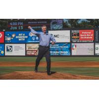 Rollie Fingers throws out the first pitch for the Carolina Mudcats