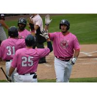Somerset Patriots line up for high fives following a home run