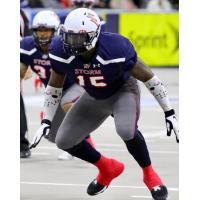 Sioux Falls Storm defensive lineman Claude Davis lines up against the Tucson Sugar Skulls