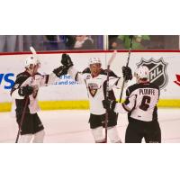 Vancouver Giants forward Justin Sourdif celebrates with teammates