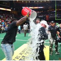Arizona Rattlers head coach Kevin Guy gets a Gatorade shower after beating the Nebraska Danger