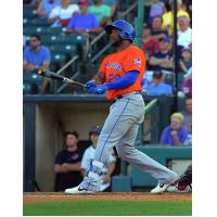 Rymer Liriano of the Syracuse Mets watches a ball he hit leave the ballpark in the second inning for a home run on Monday night