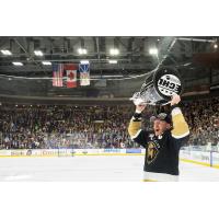 Newfoundland Growlers captain James Melindy hoists the Kelly Cup