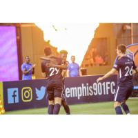 Brandon Allen and Lagos Kunga celebrate for Memphis 901 FC
