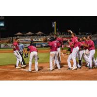 Mark Contreras of the Pensacola Blue Wahoos braces for his reception following his game-winning home run