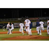 Pensacola Blue Wahoos celebrate Ryan Jeffers' walk-off home run