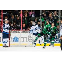 Texas Stars forward Travis Morin reacts after a goal against the Manitoba Moose