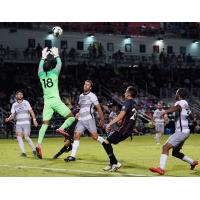 Sacramento Republic FC goalkeeper Rafael Diaz leaps for a ball vs. San Antonio FC