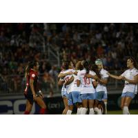 The Chicago Red Stars celebrate Yuki Nagasato's goal