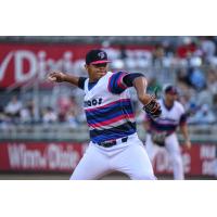 Pensacola Blue Wahoos in their Summer of '69 Throwback jerseys