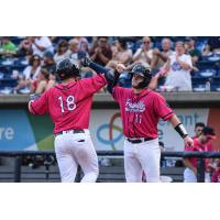 Pensacola Blue Wahoos celebrate a Ryan Costello home run