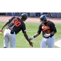 David Washington (30) and Deibinson Romero of the Long Island Ducks