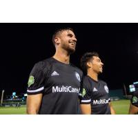 Tacoma Defiance forward Justin Dhillon and midfielder Shandon Hopeau