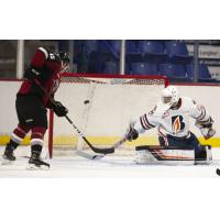 Vancouver Giants left wing Owen Hardy shoots against the Kamloops Blazers