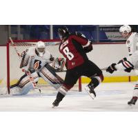 Vancouver Giants centre Tristen Nielsen shoots against the Kamloops Blazers