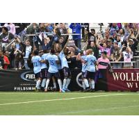 Forward Madison FC celebrates a goal with its fans
