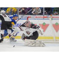 Vancouver Giants goaltender Trent Miner makes a stop against the Saskatoon Blades
