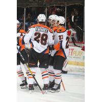 Joel Farabee celebrates with Lehigh Valley Phantoms teammates