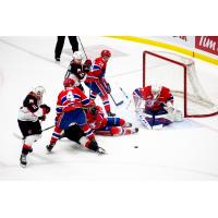 Spokane Chiefs goaltender Campbell Arnold and defense vs. the Prince George Cougars