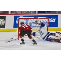 Vancouver Giants left wing Zack Ostapchuk eyes the goal vs. the Swift Current Broncos