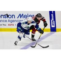 Vancouver Giants defenceman Caleb Bulych (top) vs. his brother Aiden of the Swift Current Broncos