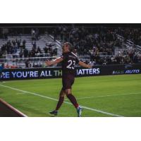 Sacramento Republic FC forward Thomas Enevoldsen reacts to the crowd after his game-winning goal against New Mexico United