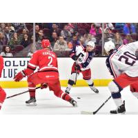 Cleveland Monsters left wing Marko Dano takes a shot against the Charlotte Checkers