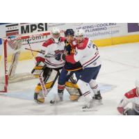 Macon Mayhem goaltender Kevin Entmaa and defenseman Oleg Khalemin vs. the Peoria Rivermen