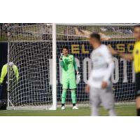 Sacramento Republic FC goalkeeper Bobby Shuttleworth aligns his defense